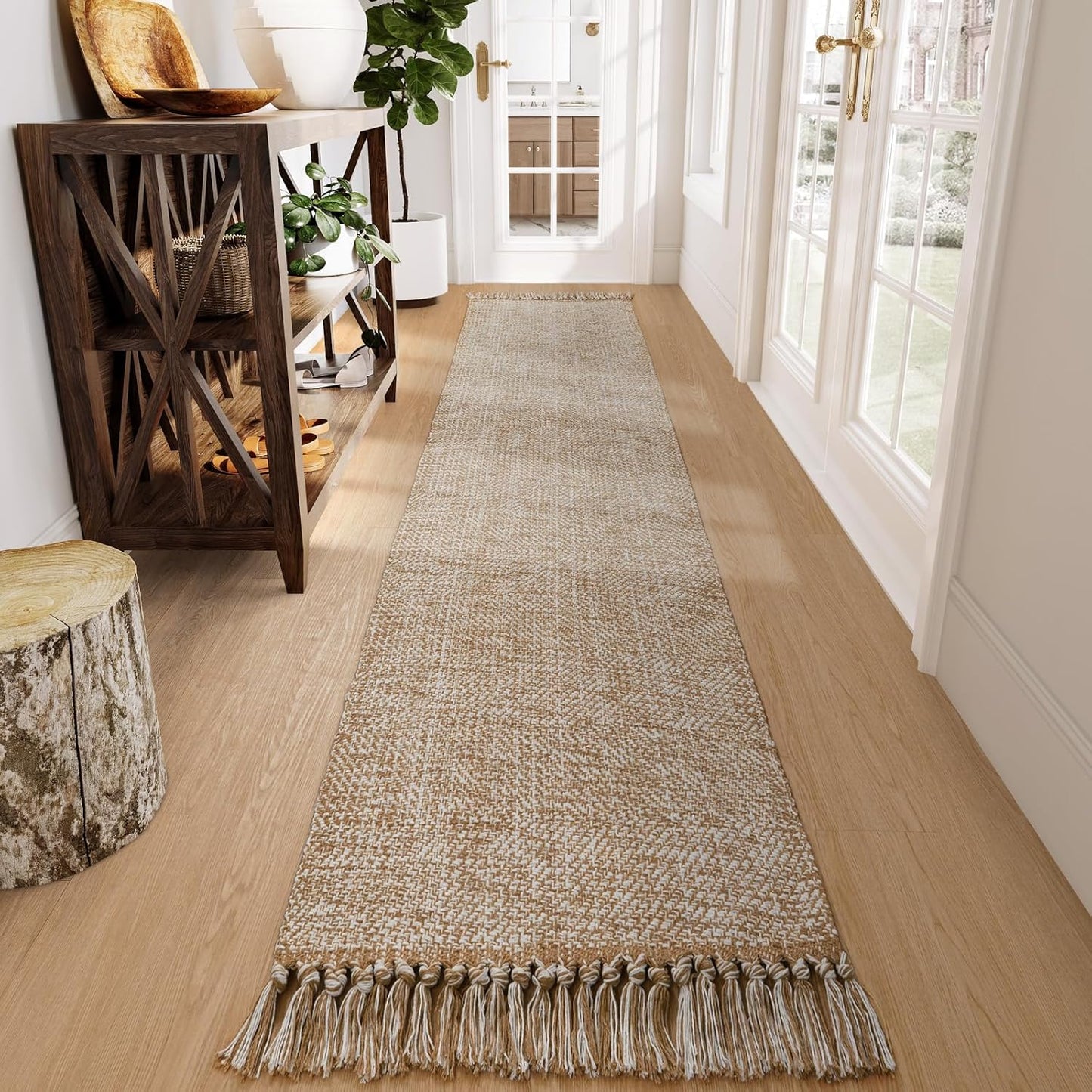 Collive Boho 18 ft Long Runner Rug for Hallway, Washable Kitchen Runner, Cotton Hand-Woven Farmhouse Neutral Carpet Runners, Tan/Cream Low Pile Entryway Floor Runners for Bedroom