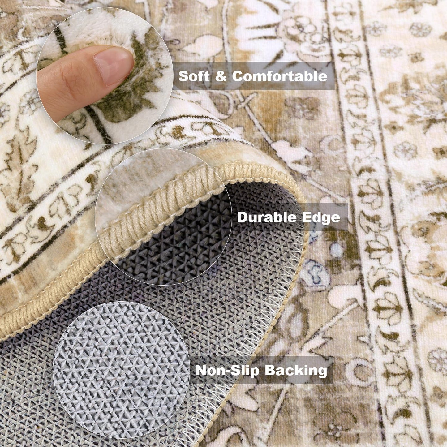 LOKHOM Washable Runner Rug, 2.6x14 Non-Slip Vintage Long Hallway Runner Rugs with Rubber Backing, Boho Soft Distressed Kitchen Rug Floor Carpet Runner for Hallway Laundry Entryway Bedroom(Beige Brown)