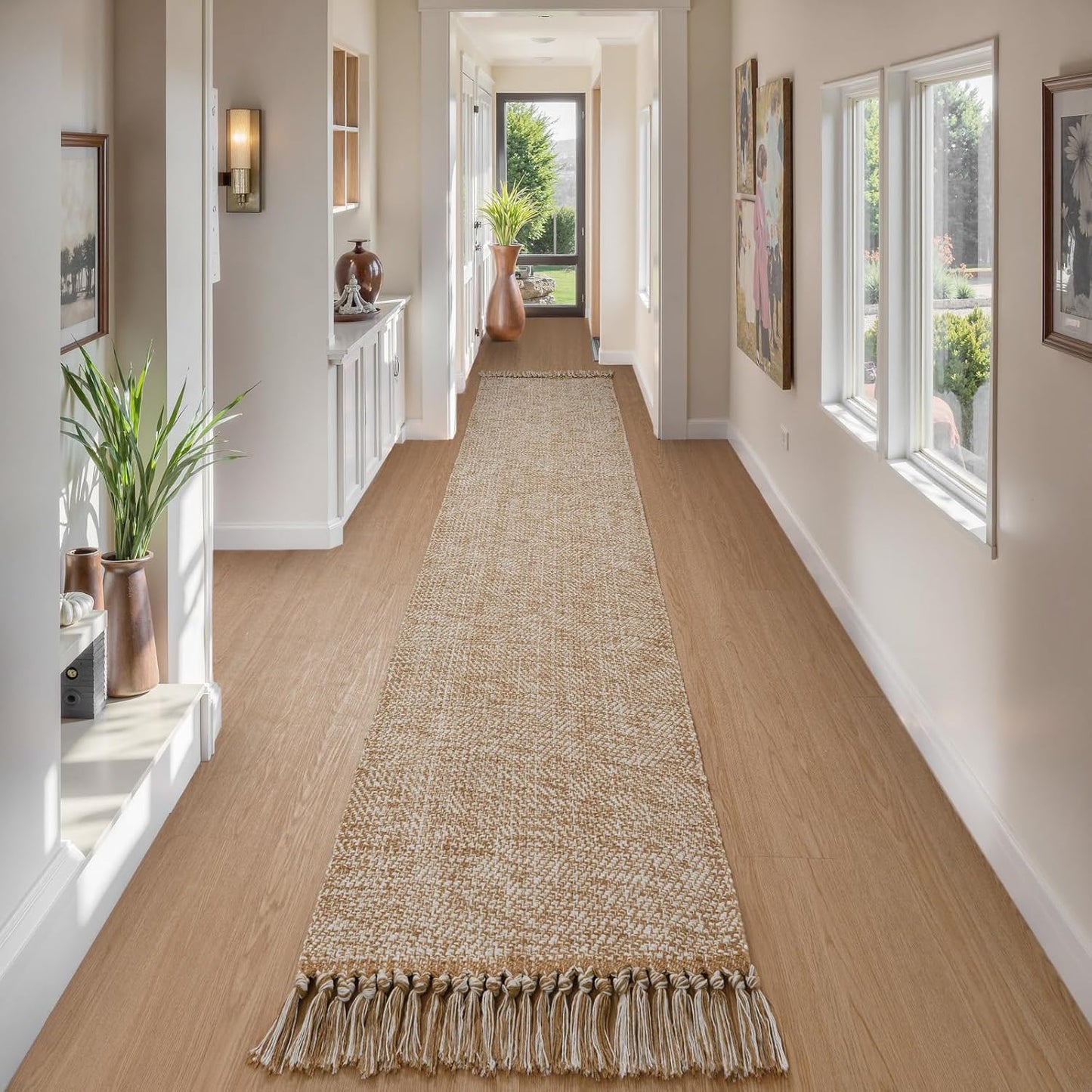 Collive Boho 18 ft Long Runner Rug for Hallway, Washable Kitchen Runner, Cotton Hand-Woven Farmhouse Neutral Carpet Runners, Tan/Cream Low Pile Entryway Floor Runners for Bedroom