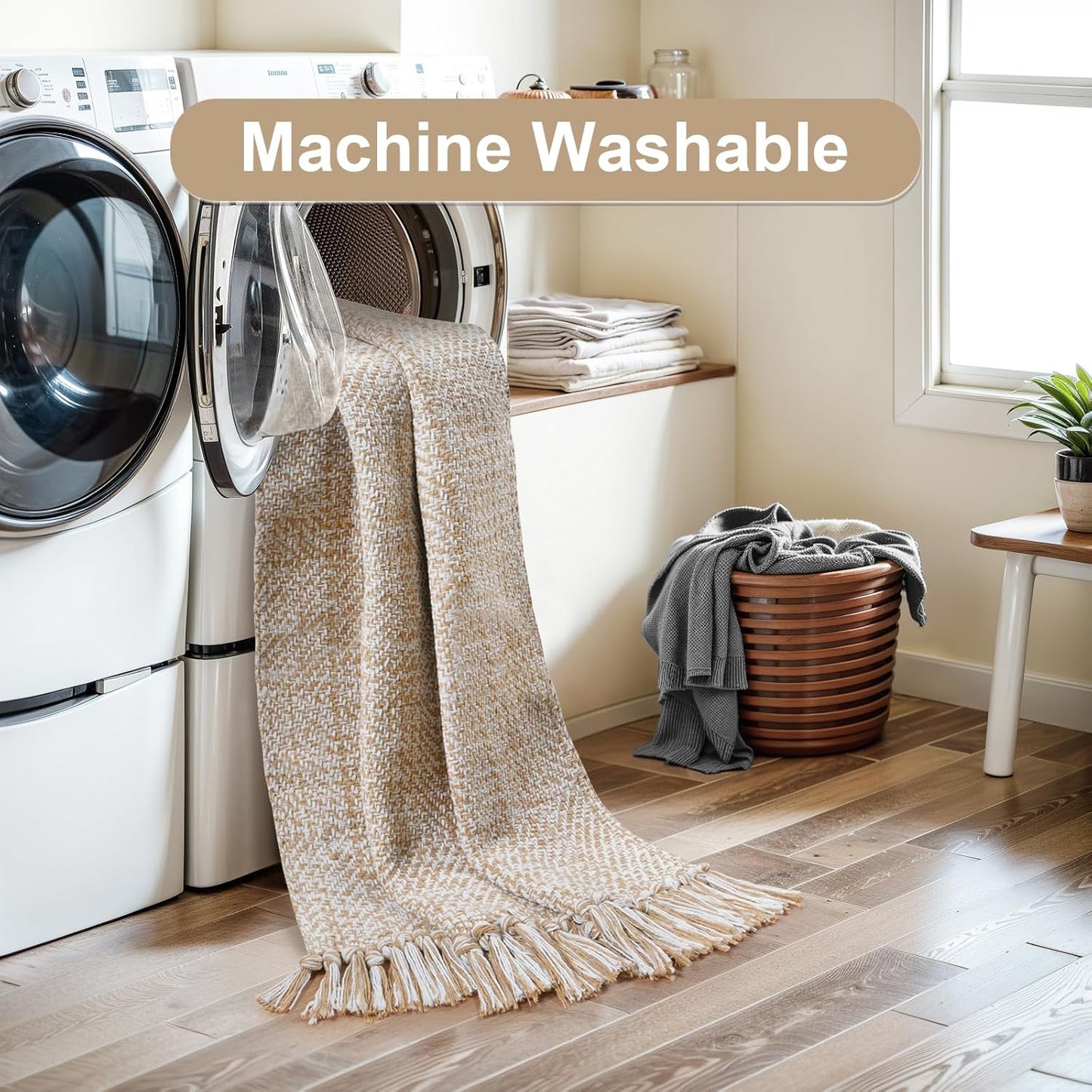 Collive Boho 18 ft Long Runner Rug for Hallway, Washable Kitchen Runner, Cotton Hand-Woven Farmhouse Neutral Carpet Runners, Tan/Cream Low Pile Entryway Floor Runners for Bedroom