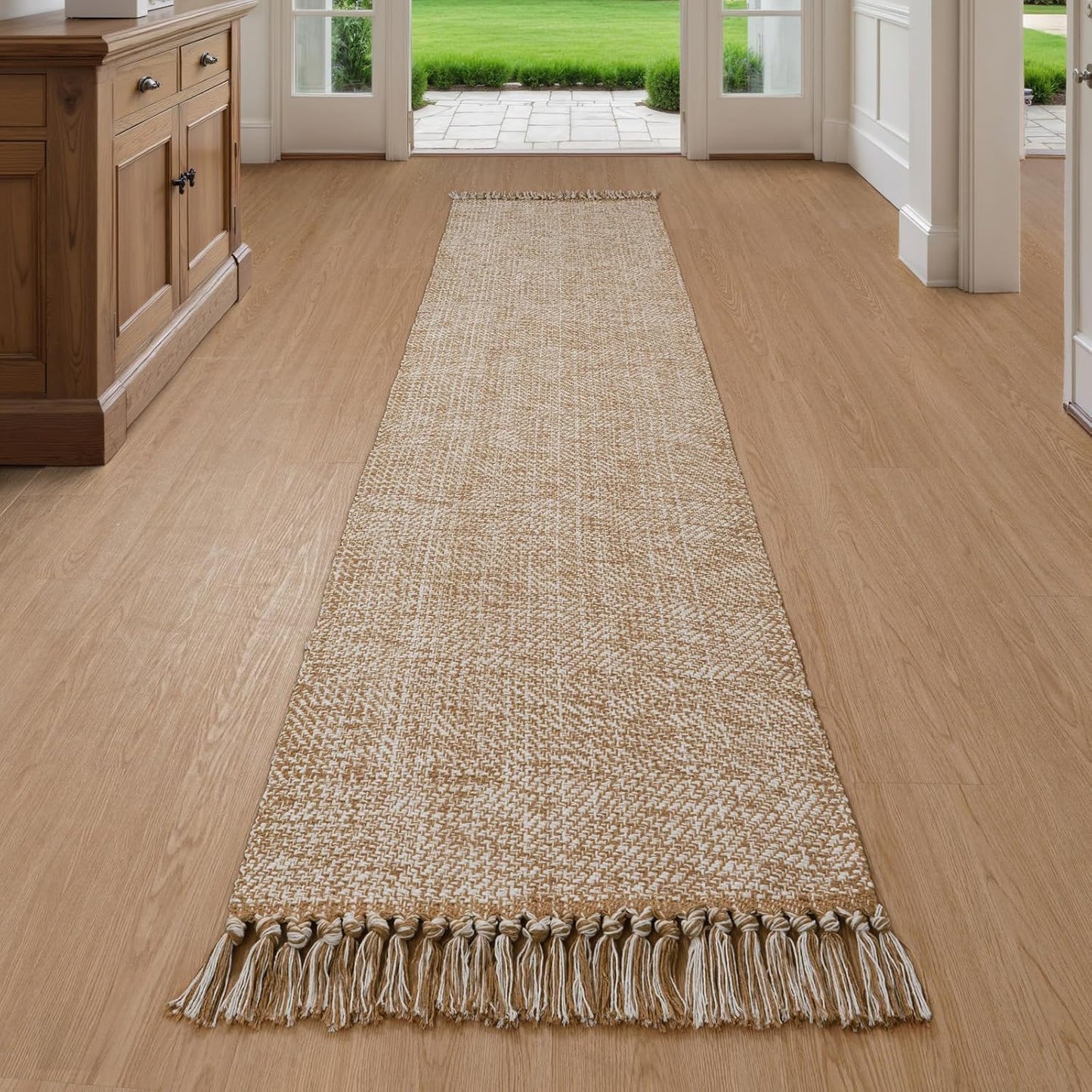 Collive Boho 18 ft Long Runner Rug for Hallway, Washable Kitchen Runner, Cotton Hand-Woven Farmhouse Neutral Carpet Runners, Tan/Cream Low Pile Entryway Floor Runners for Bedroom