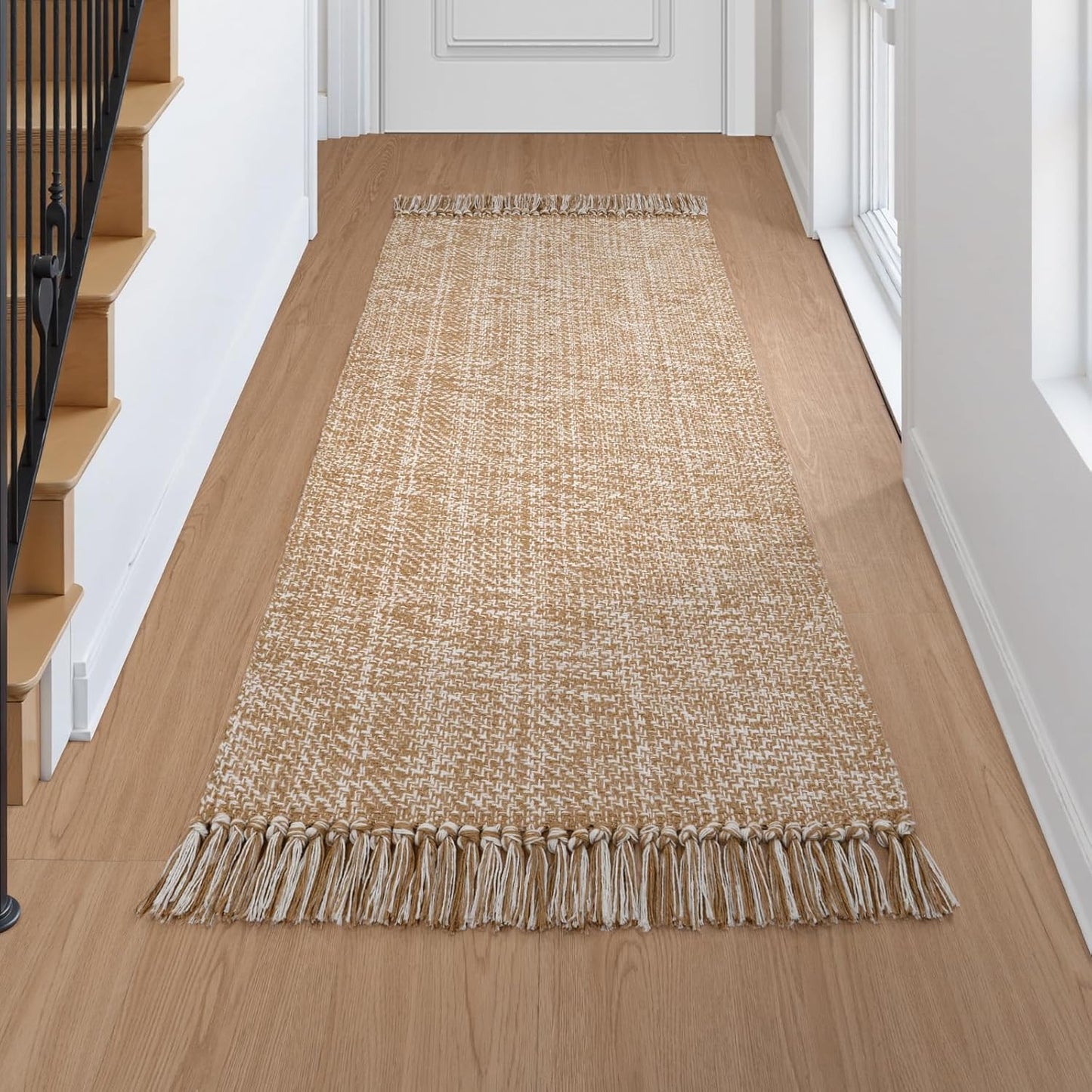 Collive Boho 18 ft Long Runner Rug for Hallway, Washable Kitchen Runner, Cotton Hand-Woven Farmhouse Neutral Carpet Runners, Tan/Cream Low Pile Entryway Floor Runners for Bedroom