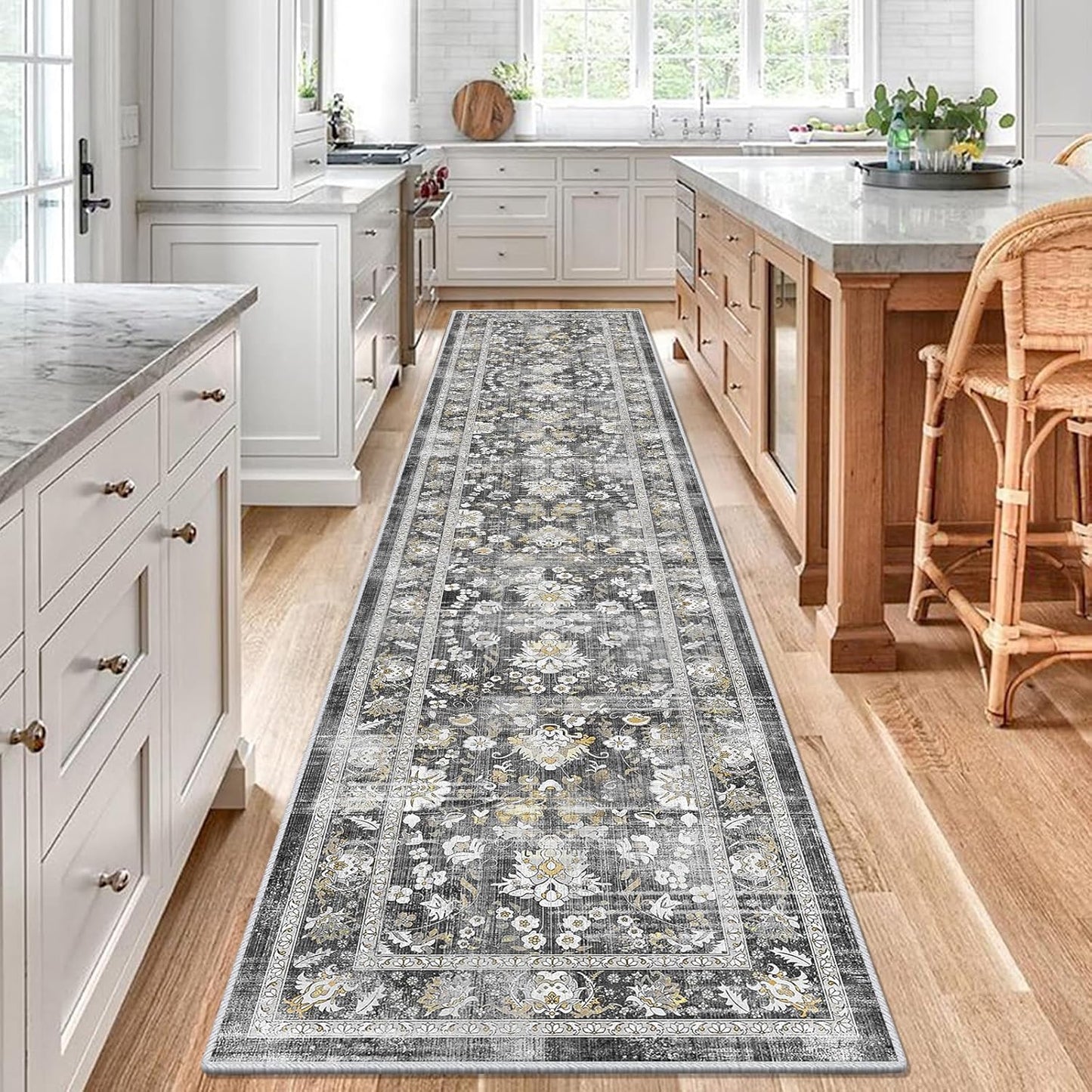 LOKHOM Washable Runner Rug, 2.6x14 Non-Slip Vintage Long Hallway Runner Rugs with Rubber Backing, Boho Soft Distressed Kitchen Rug Floor Carpet Runner for Hallway Laundry Entryway Bedroom(Beige Brown)