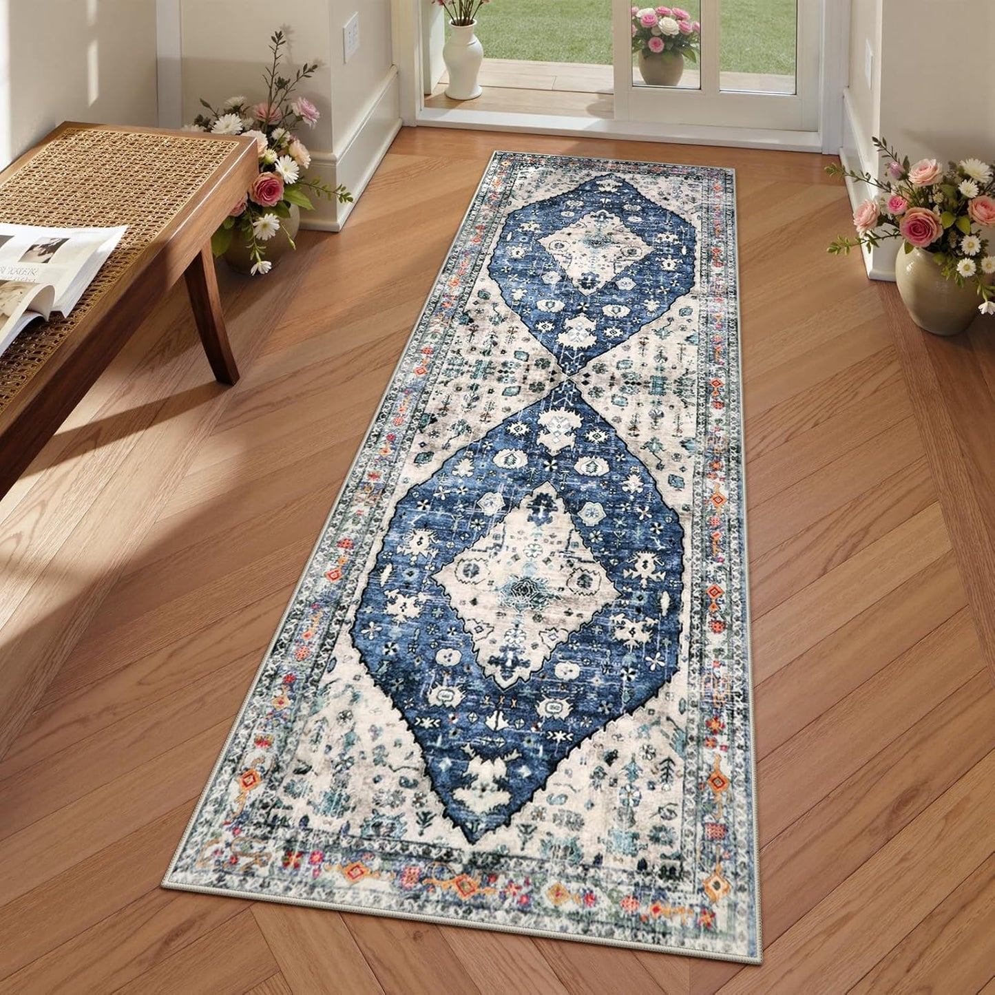 Lahome Boho Tribal 2'6" x 10' Washable Runners for Hallways, Oriental Kitchen Runner Rugs Non Skid Washable, Oriental Soft Long Stair Carpet Runner for Bathroom Living Room Bedroom, Rust/Dull Teal