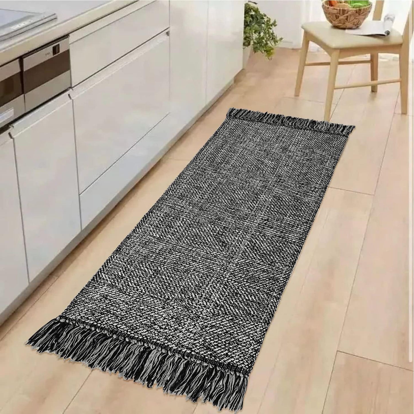Collive Boho 18 ft Long Runner Rug for Hallway, Washable Kitchen Runner, Cotton Hand-Woven Farmhouse Neutral Carpet Runners, Tan/Cream Low Pile Entryway Floor Runners for Bedroom