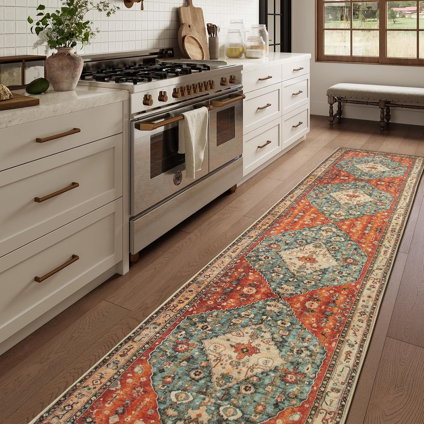 Lahome Boho Tribal 2'6" x 10' Washable Runners for Hallways, Oriental Kitchen Runner Rugs Non Skid Washable, Oriental Soft Long Stair Carpet Runner for Bathroom Living Room Bedroom, Rust/Dull Teal