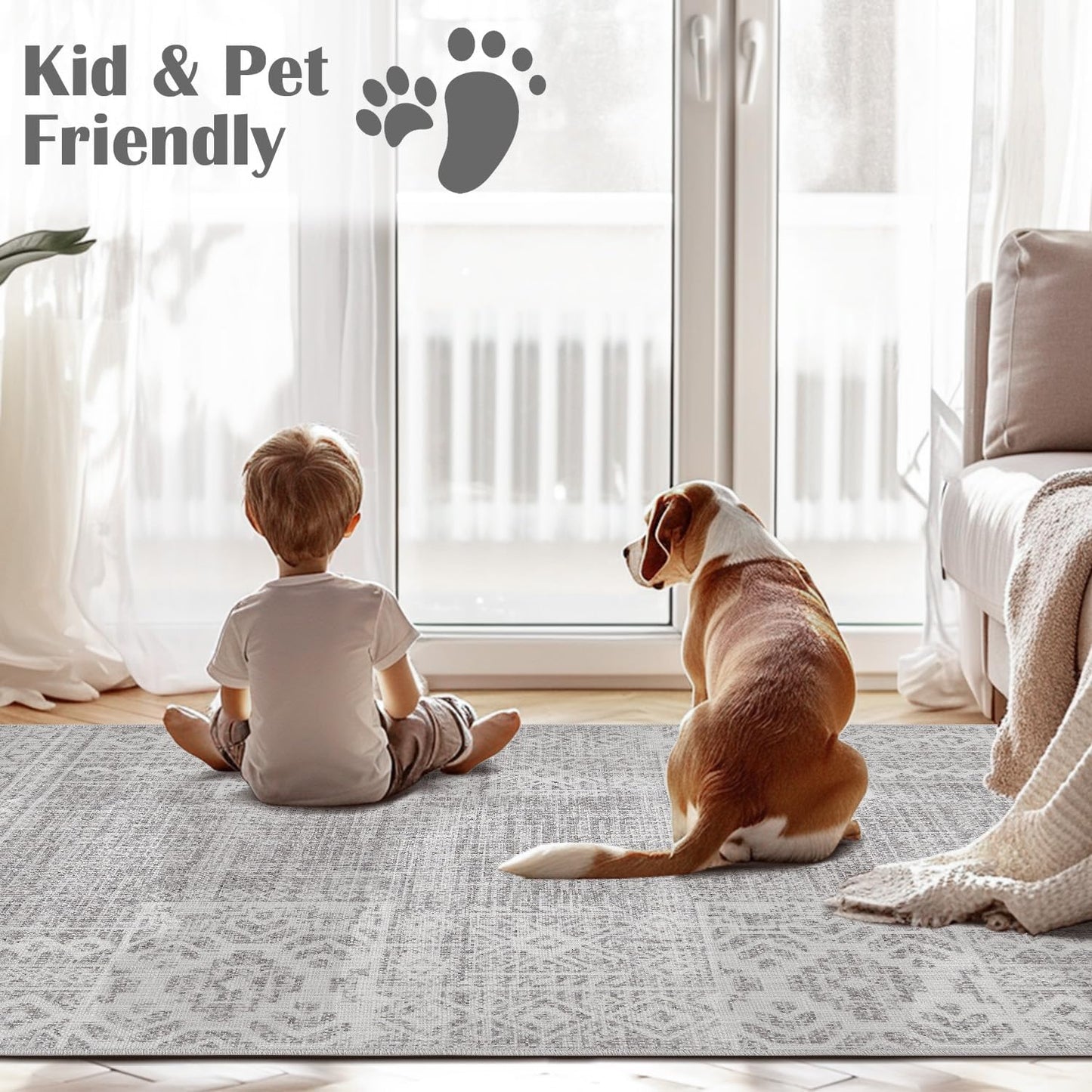 jinchan Runner Rug 3x10 Vintage Hallway Kitchen Runner Ultra-Thin Washable Boho Geometric Rug Non-Slip Non-Shedding Carpet for Bedroom Living Room Stairway Grey Ivory