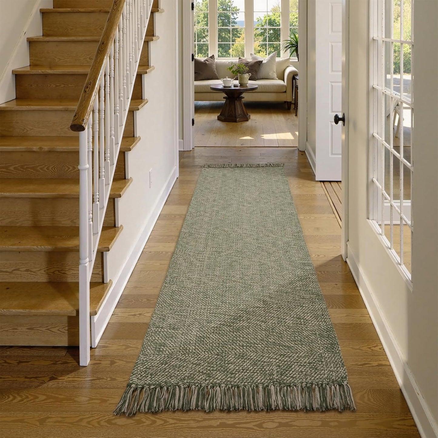 Collive Boho 18 ft Long Runner Rug for Hallway, Washable Kitchen Runner, Cotton Hand-Woven Farmhouse Neutral Carpet Runners, Tan/Cream Low Pile Entryway Floor Runners for Bedroom