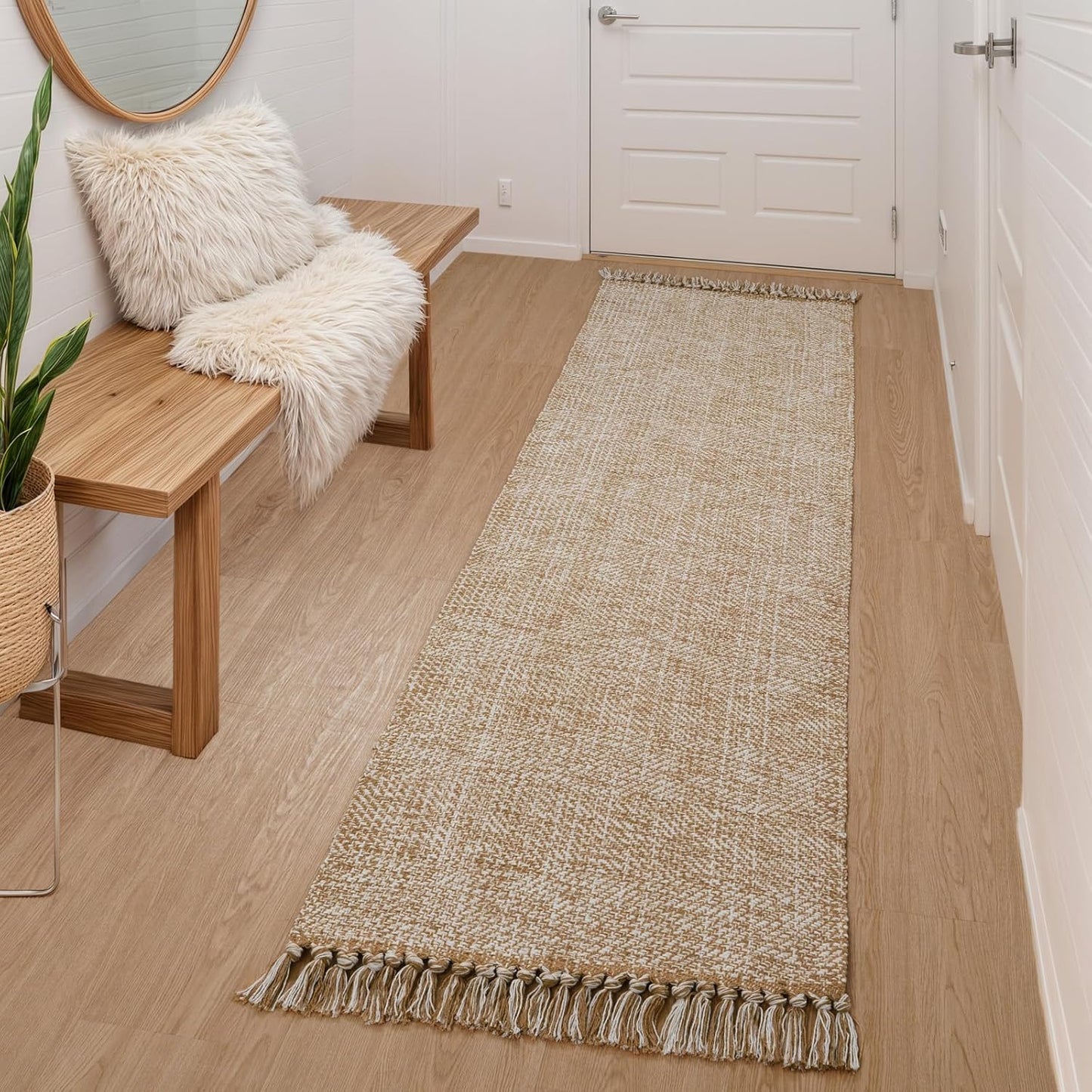 Collive Boho 18 ft Long Runner Rug for Hallway, Washable Kitchen Runner, Cotton Hand-Woven Farmhouse Neutral Carpet Runners, Tan/Cream Low Pile Entryway Floor Runners for Bedroom