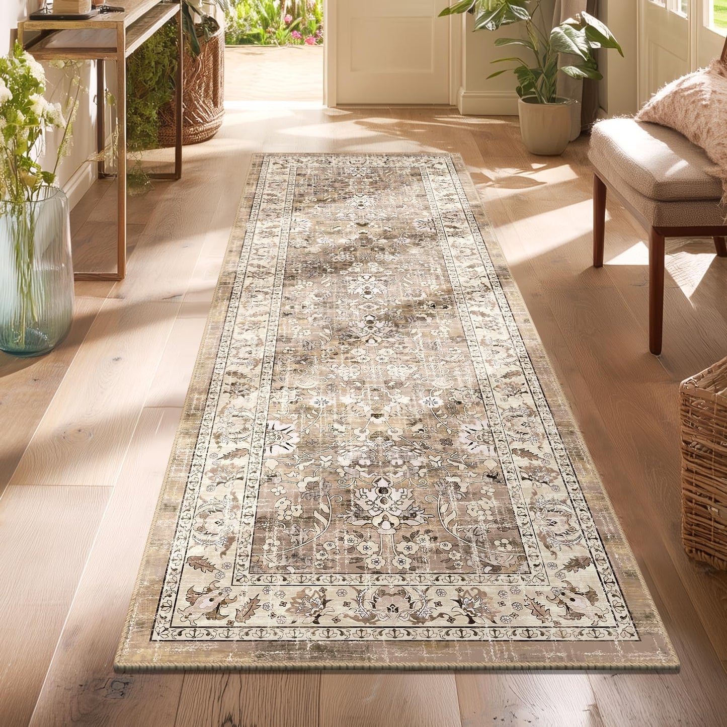 LOKHOM Washable Runner Rug, 2.6x14 Non-Slip Vintage Long Hallway Runner Rugs with Rubber Backing, Boho Soft Distressed Kitchen Rug Floor Carpet Runner for Hallway Laundry Entryway Bedroom(Beige Brown)
