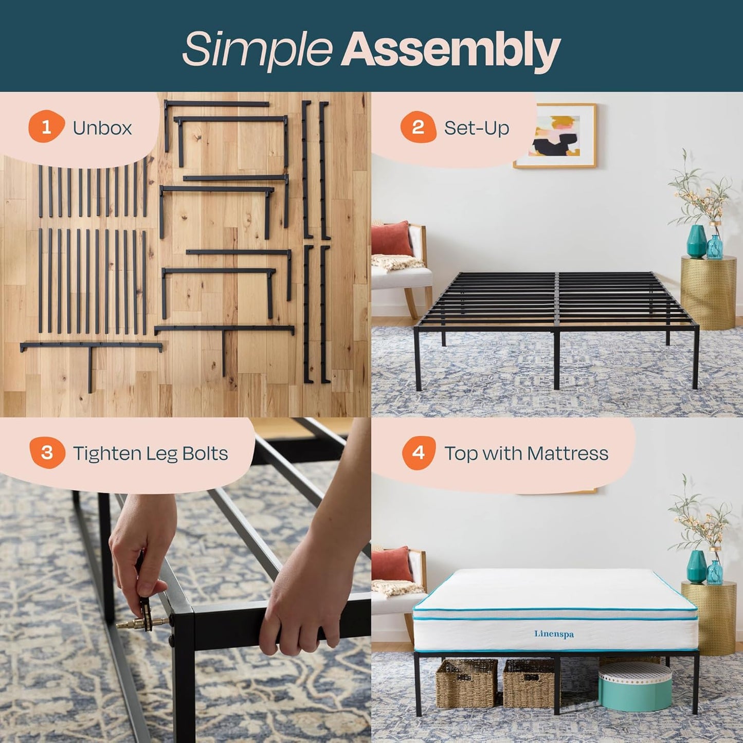 Linenspa Heavy Duty Metal Platform Bed Frame - No Box Spring Needed - Underbed Storage - Simple Tool Free Assembly - 14” High - Sturdy - Steel Slats - Sleek Modern Design - Full Size