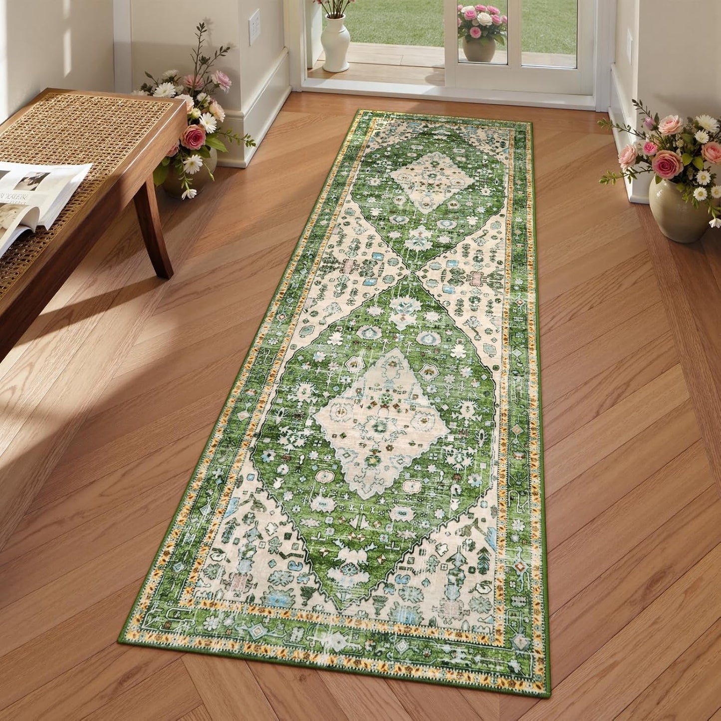 Lahome Boho Tribal 2'6" x 10' Washable Runners for Hallways, Oriental Kitchen Runner Rugs Non Skid Washable, Oriental Soft Long Stair Carpet Runner for Bathroom Living Room Bedroom, Rust/Dull Teal