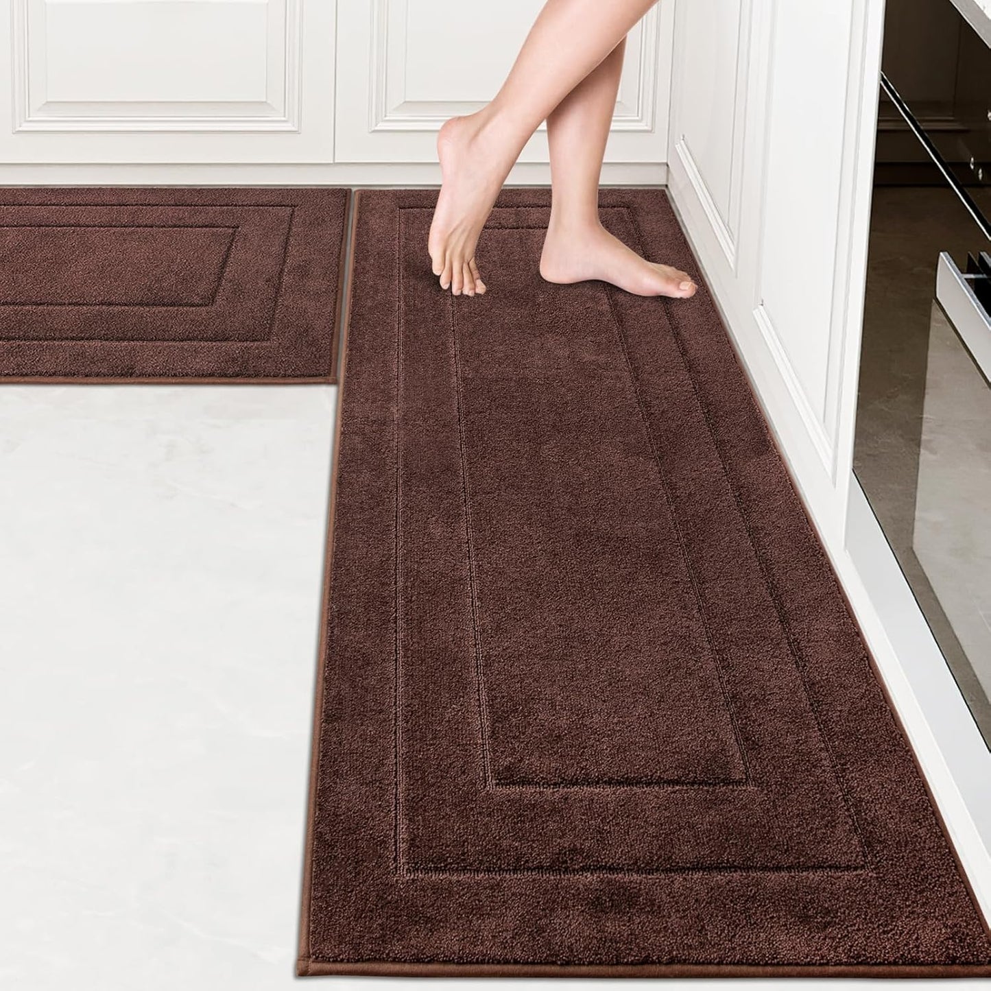 PURRUGS Machine Washable Kitchen Rug Set [2 PCS] (24" x 35.5"+ 24" x 59"), Non-Slip/Skid Kitchen Runner Rugs & Floor Mats, Super Absorbent Soft Standing Mats for Kitchen, Laundry & Sink, Beige