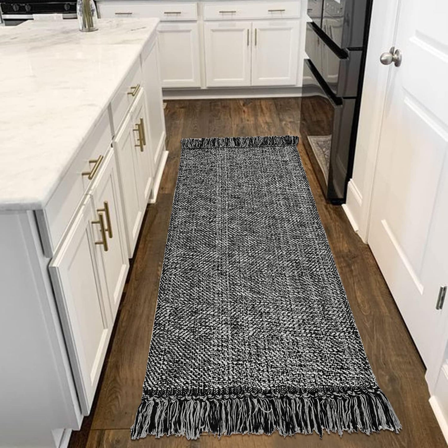 Collive Boho 18 ft Long Runner Rug for Hallway, Washable Kitchen Runner, Cotton Hand-Woven Farmhouse Neutral Carpet Runners, Tan/Cream Low Pile Entryway Floor Runners for Bedroom