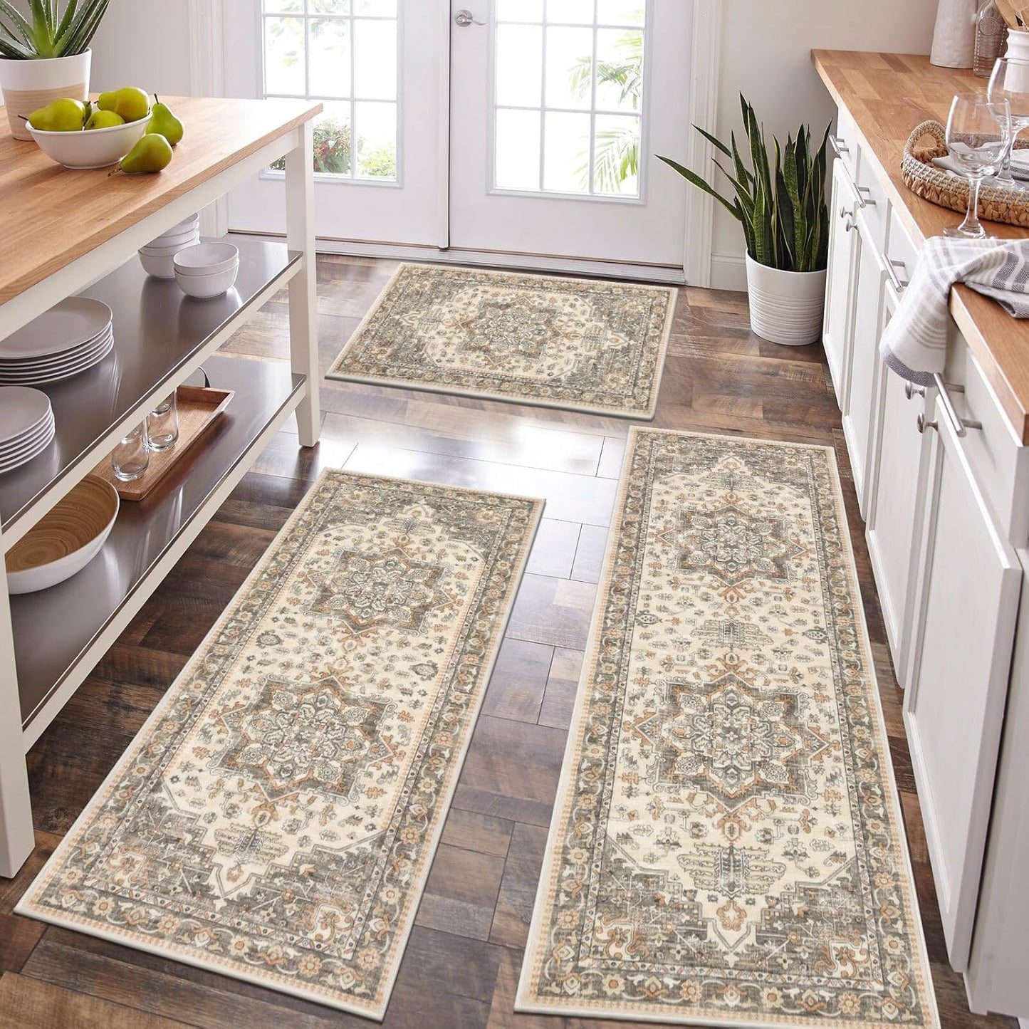 HEBE Boho Kitchen Rug Sets 3 Piece with Runner Non Slip Kitchen Rugs and Mats Washable Kitchen Mats for Floor Thick Kitchen Floor Mat Carpet Runner Rugs for Hallway Laundry Holiday Decor