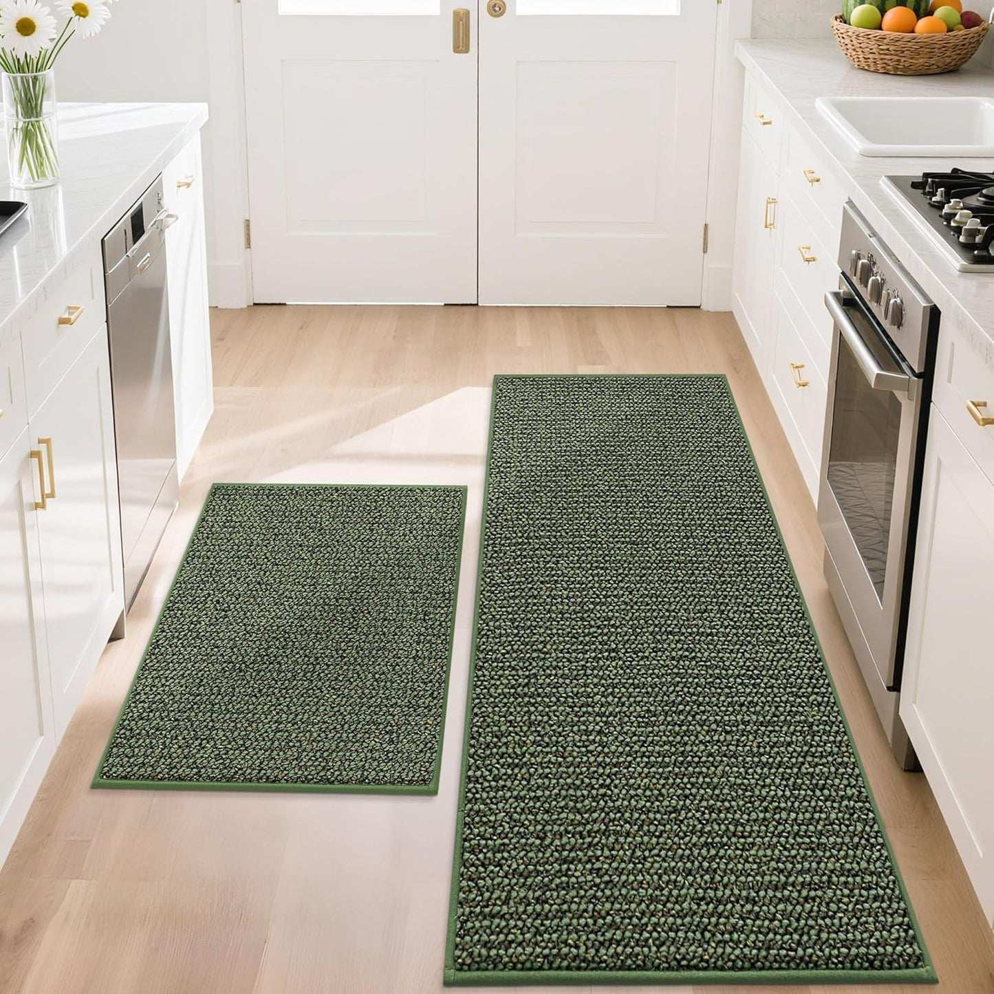 BEQHAUSE Kitchen Rugs and Mats 2PCS, Non-Slip Kitchen Mats for Floor, Absorbent and Stain Resistant Kitchen Runner, Machine Washable Rugs for Kitchen, Laundry & Sink, 24"x36"+24"x60", Green