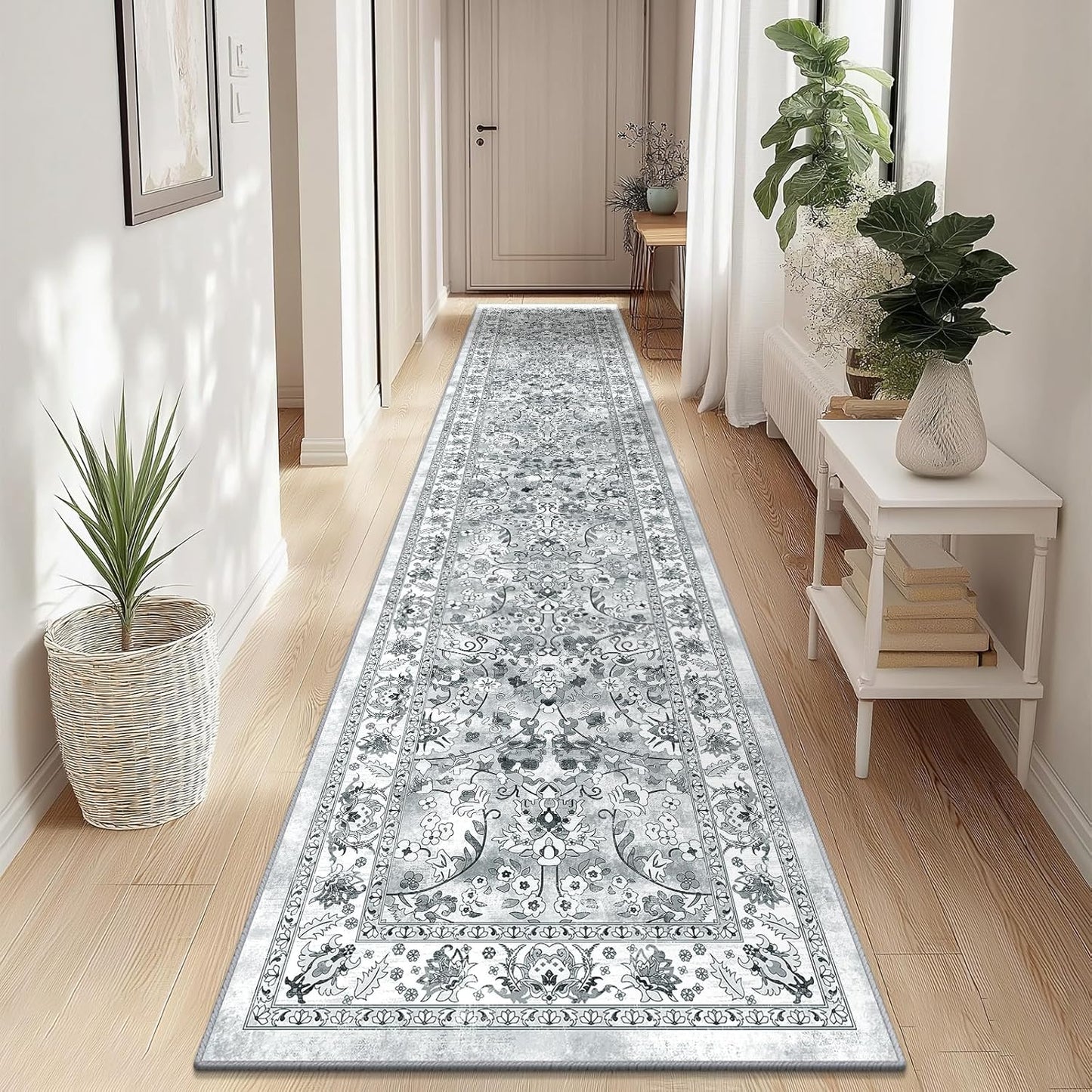 LOKHOM Washable Runner Rug, 2.6x14 Non-Slip Vintage Long Hallway Runner Rugs with Rubber Backing, Boho Soft Distressed Kitchen Rug Floor Carpet Runner for Hallway Laundry Entryway Bedroom(Beige Brown)
