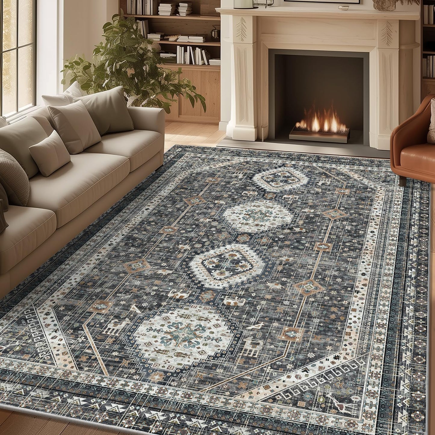 LOKHOM Washable Runner Rug, 2.6x14 Non-Slip Vintage Long Hallway Runner Rugs with Rubber Backing, Boho Soft Distressed Kitchen Rug Floor Carpet Runner for Hallway Laundry Entryway Bedroom(Beige Brown)