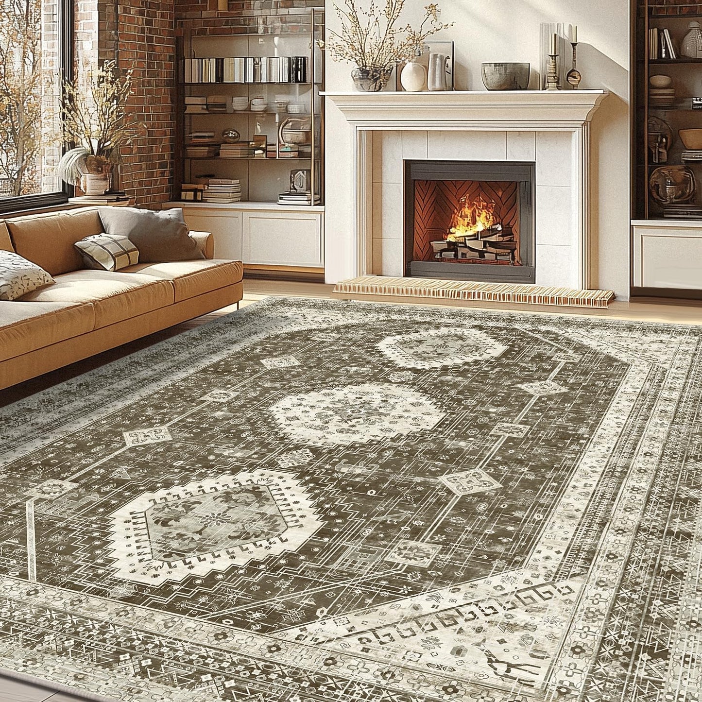 LOKHOM Washable Runner Rug, 2.6x14 Non-Slip Vintage Long Hallway Runner Rugs with Rubber Backing, Boho Soft Distressed Kitchen Rug Floor Carpet Runner for Hallway Laundry Entryway Bedroom(Beige Brown)