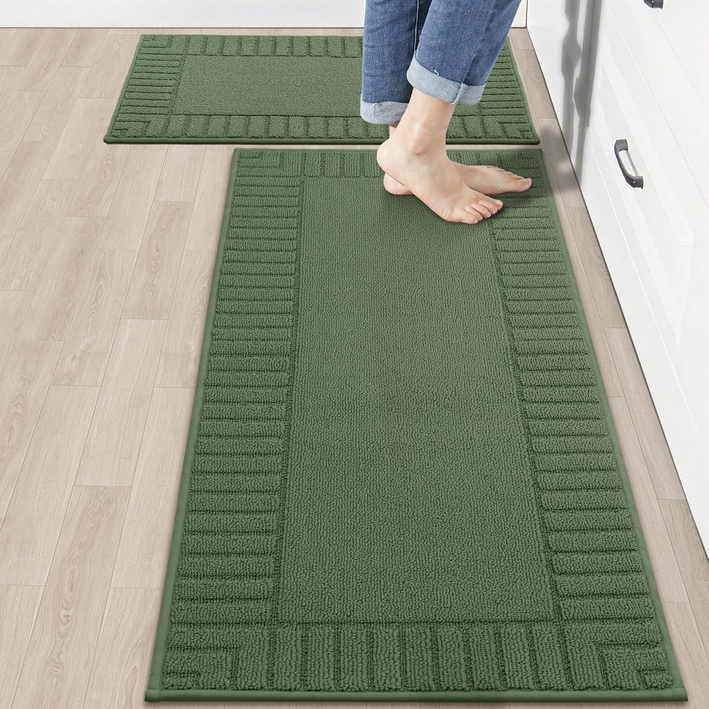 BEQHAUSE-Kitchen-Rugs-Non-Slip-Kitchen-Mats-for-Floor Machine Washable Kitchen Rugs 2 Pieces Kitchen Carpet Runner with TPR Backing,Green,24x35inch/24x60inch