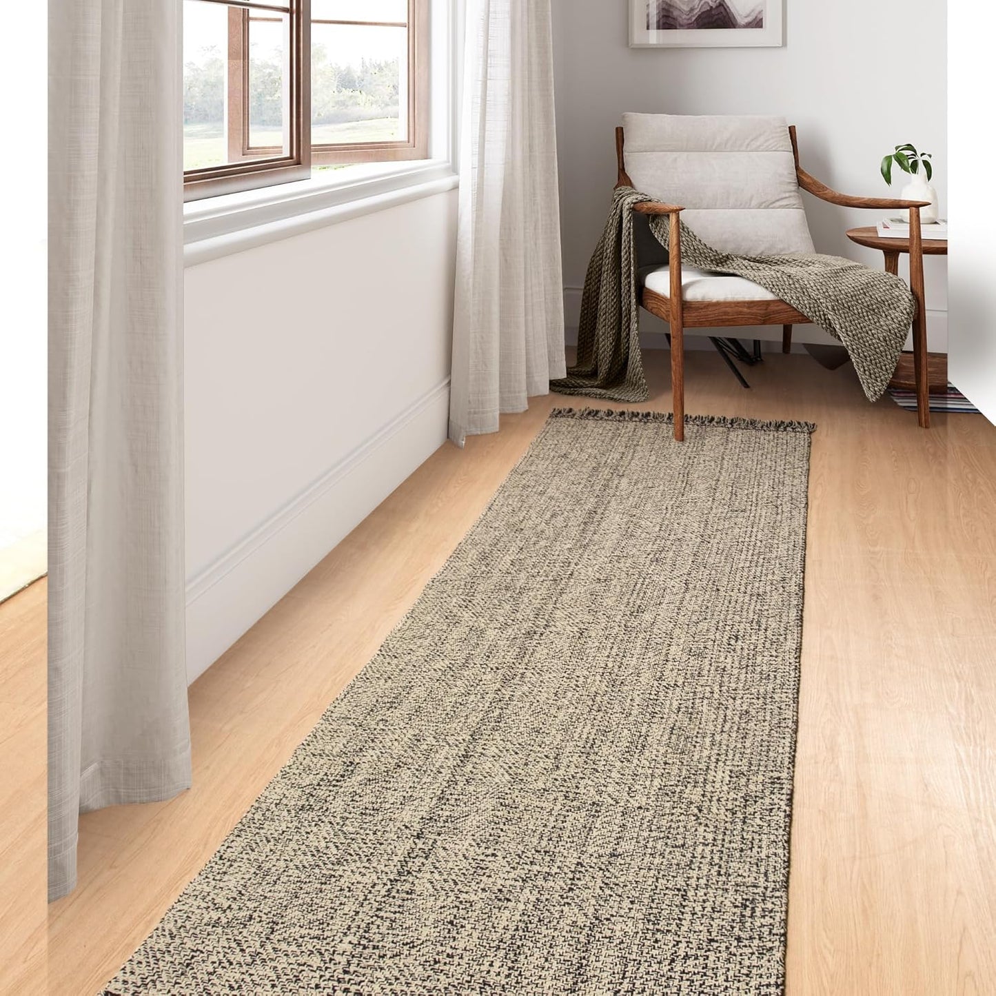 Collive Boho 18 ft Long Runner Rug for Hallway, Washable Kitchen Runner, Cotton Hand-Woven Farmhouse Neutral Carpet Runners, Tan/Cream Low Pile Entryway Floor Runners for Bedroom