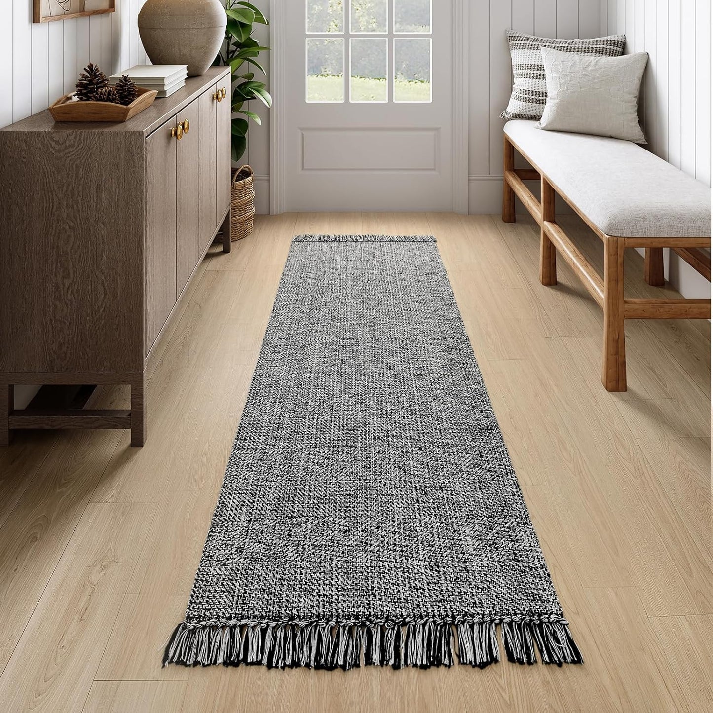 Collive Boho 18 ft Long Runner Rug for Hallway, Washable Kitchen Runner, Cotton Hand-Woven Farmhouse Neutral Carpet Runners, Tan/Cream Low Pile Entryway Floor Runners for Bedroom