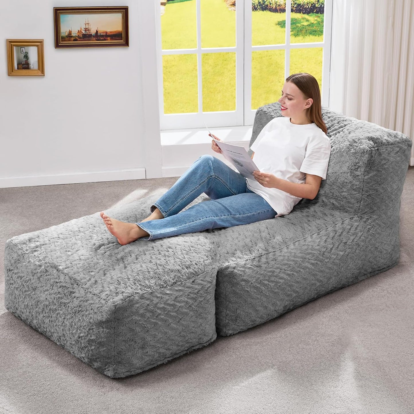Hobestluk Big Bean Bag Lounger Chairs Large Beanbag Chair for Adults Bean Bag Sofa with Memory Foam Filled for Living Room, Bedroom or Balcony (Stripe Grey)
