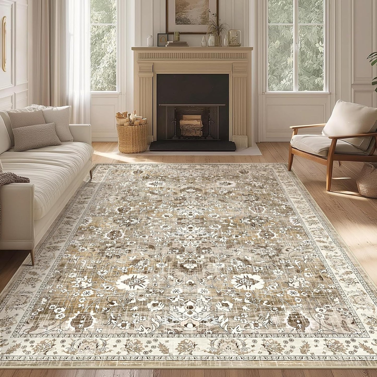 LOKHOM Washable Runner Rug, 2.6x14 Non-Slip Vintage Long Hallway Runner Rugs with Rubber Backing, Boho Soft Distressed Kitchen Rug Floor Carpet Runner for Hallway Laundry Entryway Bedroom(Beige Brown)