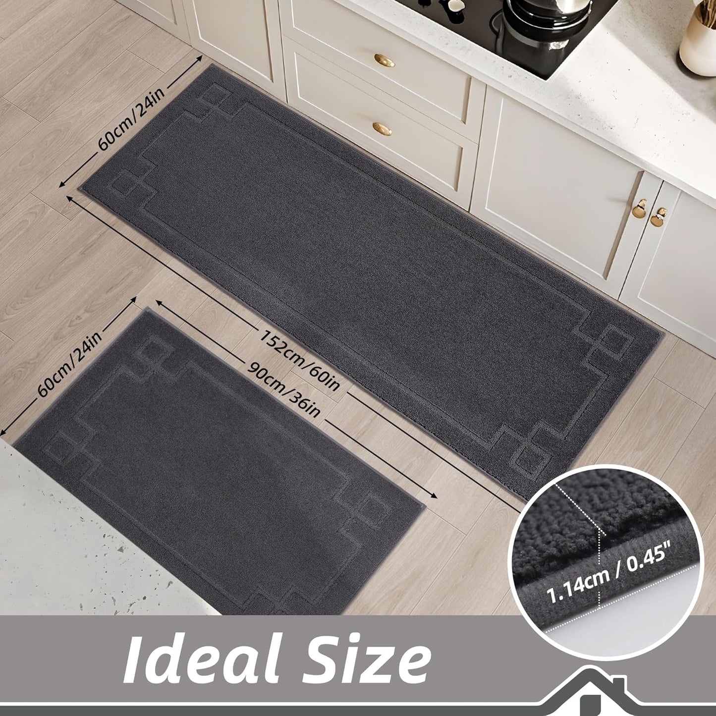 BEQHAUSE Kitchen Rugs Non-Slip Washable Rug Sets of 2, Machine Washable Kitchen Mats Absorbent Soft Kitchen Runner Rugs for Floor,Sink,Hallway,Laundry,24”x36”+24”x60”, Dark Grey