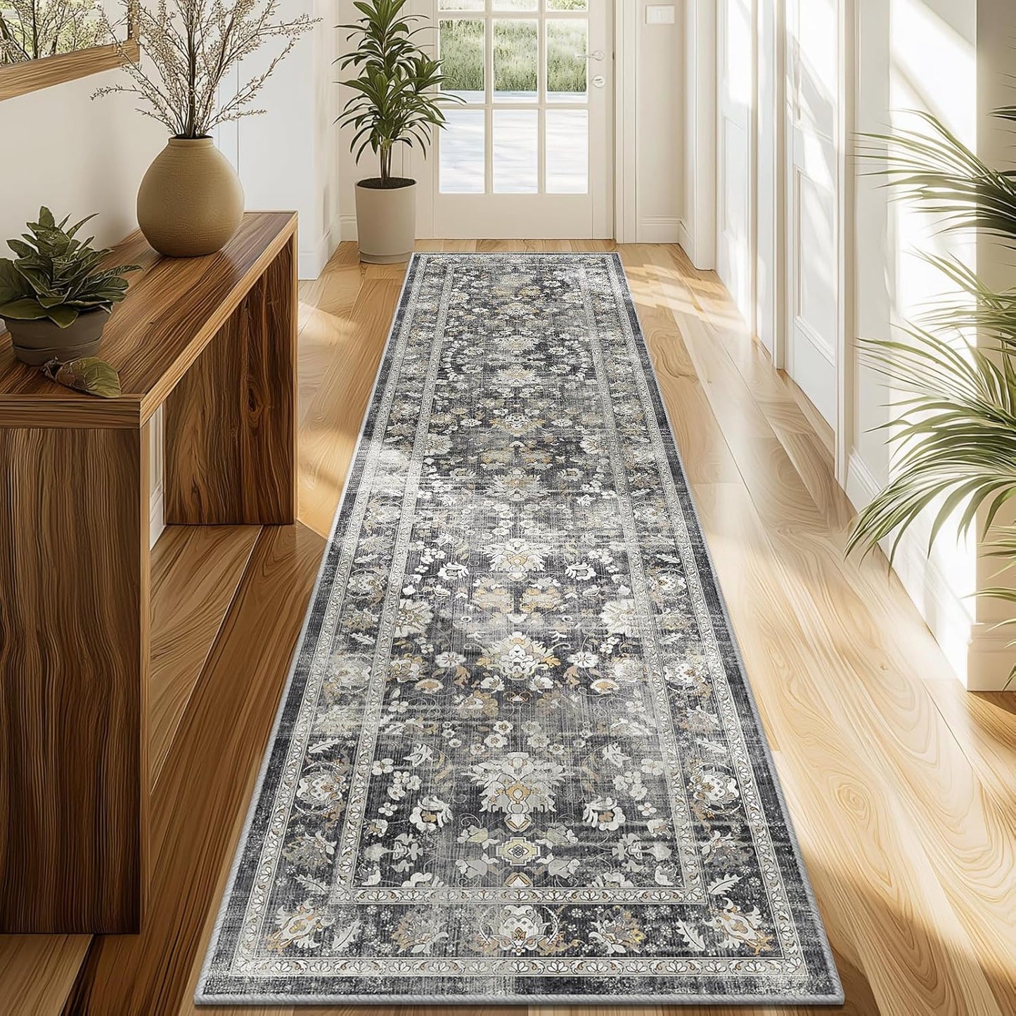 LOKHOM Washable Runner Rug, 2.6x14 Non-Slip Vintage Long Hallway Runner Rugs with Rubber Backing, Boho Soft Distressed Kitchen Rug Floor Carpet Runner for Hallway Laundry Entryway Bedroom(Beige Brown)