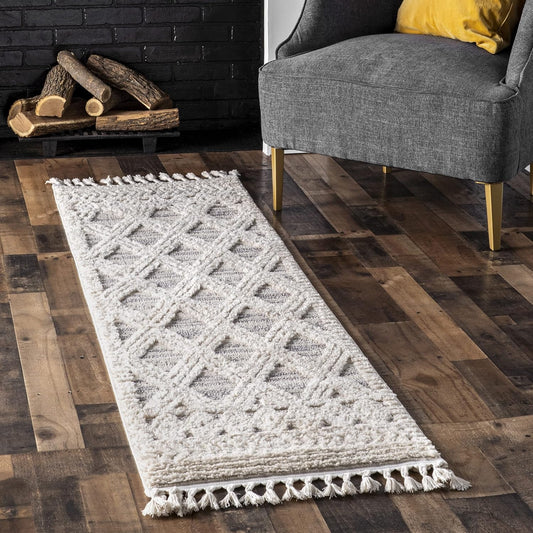 nuLOOM 2'6" x 8' Ansley Moroccan Tassel Area Rug, Light Grey, High-Low Textured Bohemian Design, Plush High Pile, Stain Resistant, For Bedroom, Living Room, Hallway, Entryway