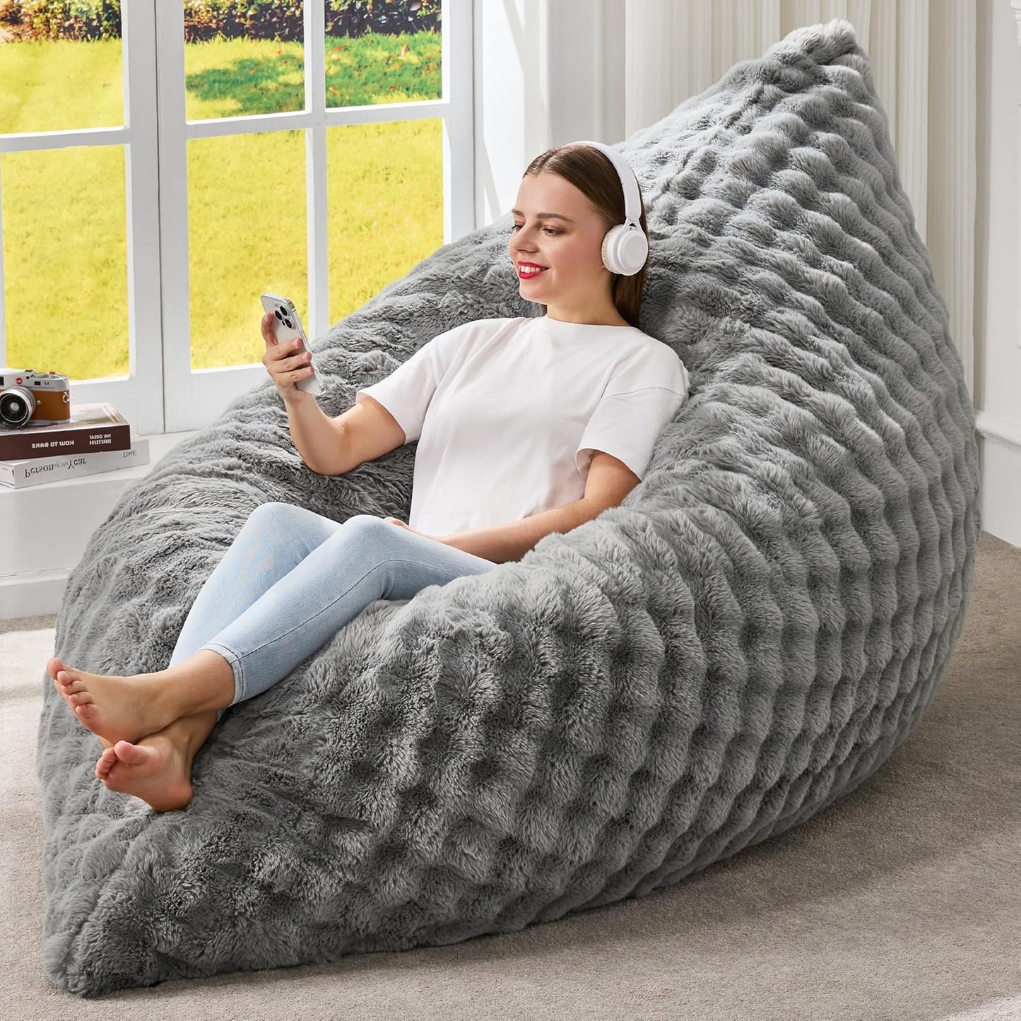 Hobestluk 3 in 1 Bean Bag Chair Giant Bean Bag Chairs Convertible Bean Bag Floor Cushion with Machine Washable Cover, Beanbag Chairs for Adult (Dark Grey)