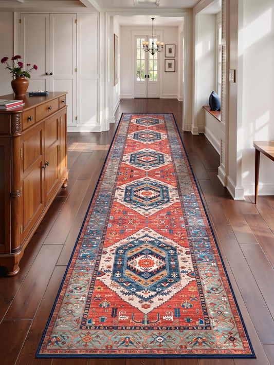 SERISSA Runner Rug for Hallways, 2'6"x14' Washable Non Slip Kitchen Runner Rug, Extra Long Boho Rug Ultra Soft Vintage Rust Print Floor Carpet for Bedroom Hallway Entryway Bathroom Laundry Room