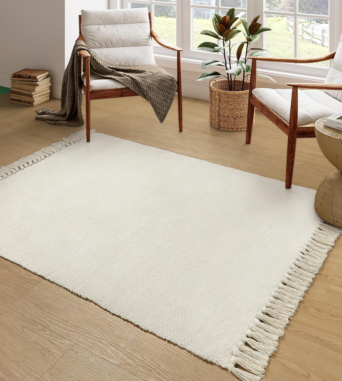 Collive Boho 18 ft Long Runner Rug for Hallway, Washable Kitchen Runner, Cotton Hand-Woven Farmhouse Neutral Carpet Runners, Tan/Cream Low Pile Entryway Floor Runners for Bedroom