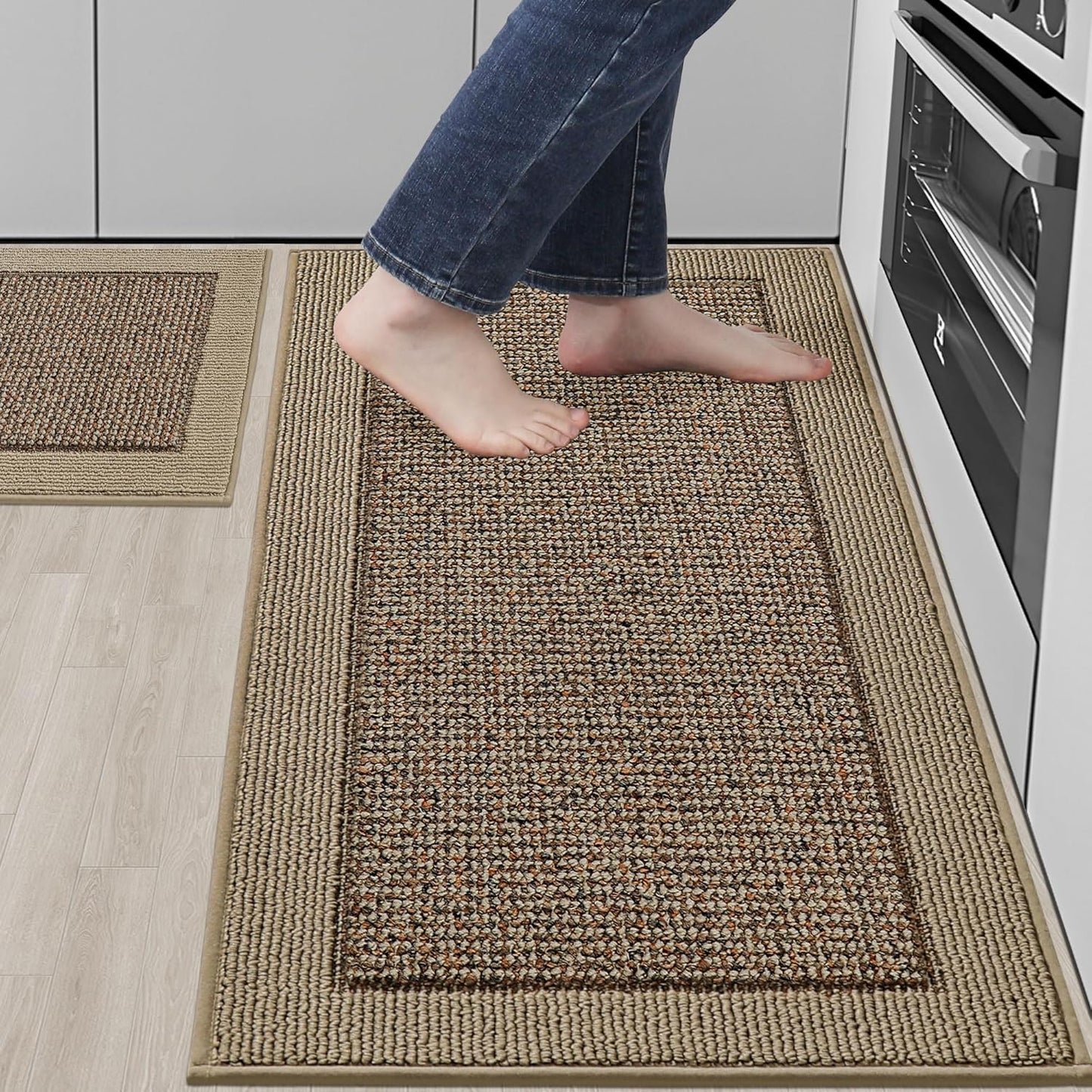 BEQHAUSE Kitchen Rugs and Mats Set of 2 Non-Slip Kitchen Mats for Floor, Absorbent and Stain Resistant Kitchen Runner, Machine Washable Rugs for Kitchen, Laundry & Sink, 24"x36"+24"x60", Taupe