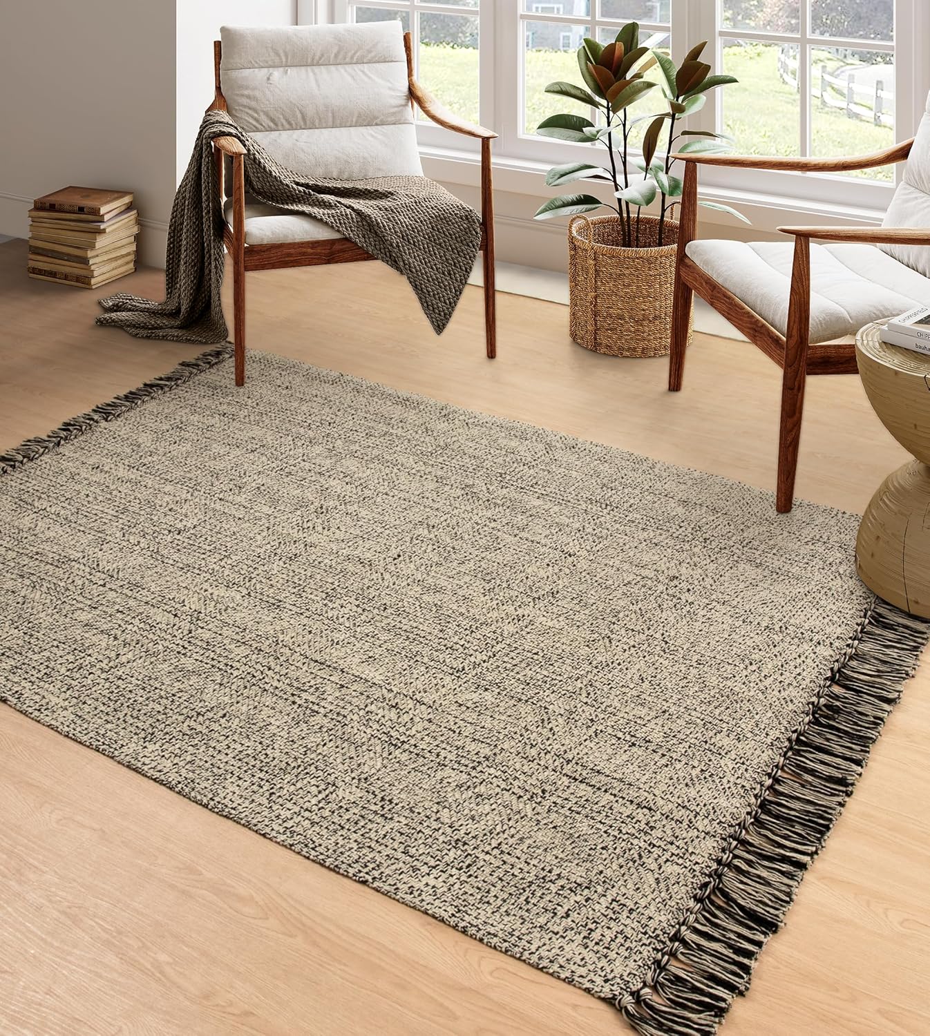 Collive Boho 18 ft Long Runner Rug for Hallway, Washable Kitchen Runner, Cotton Hand-Woven Farmhouse Neutral Carpet Runners, Tan/Cream Low Pile Entryway Floor Runners for Bedroom