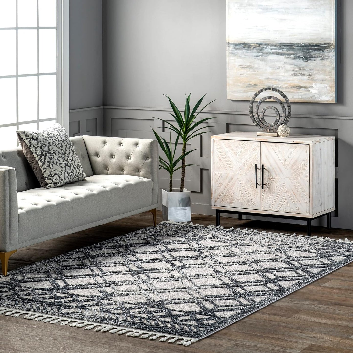 nuLOOM 2'6" x 8' Ansley Moroccan Tassel Area Rug, Light Grey, High-Low Textured Bohemian Design, Plush High Pile, Stain Resistant, For Bedroom, Living Room, Hallway, Entryway