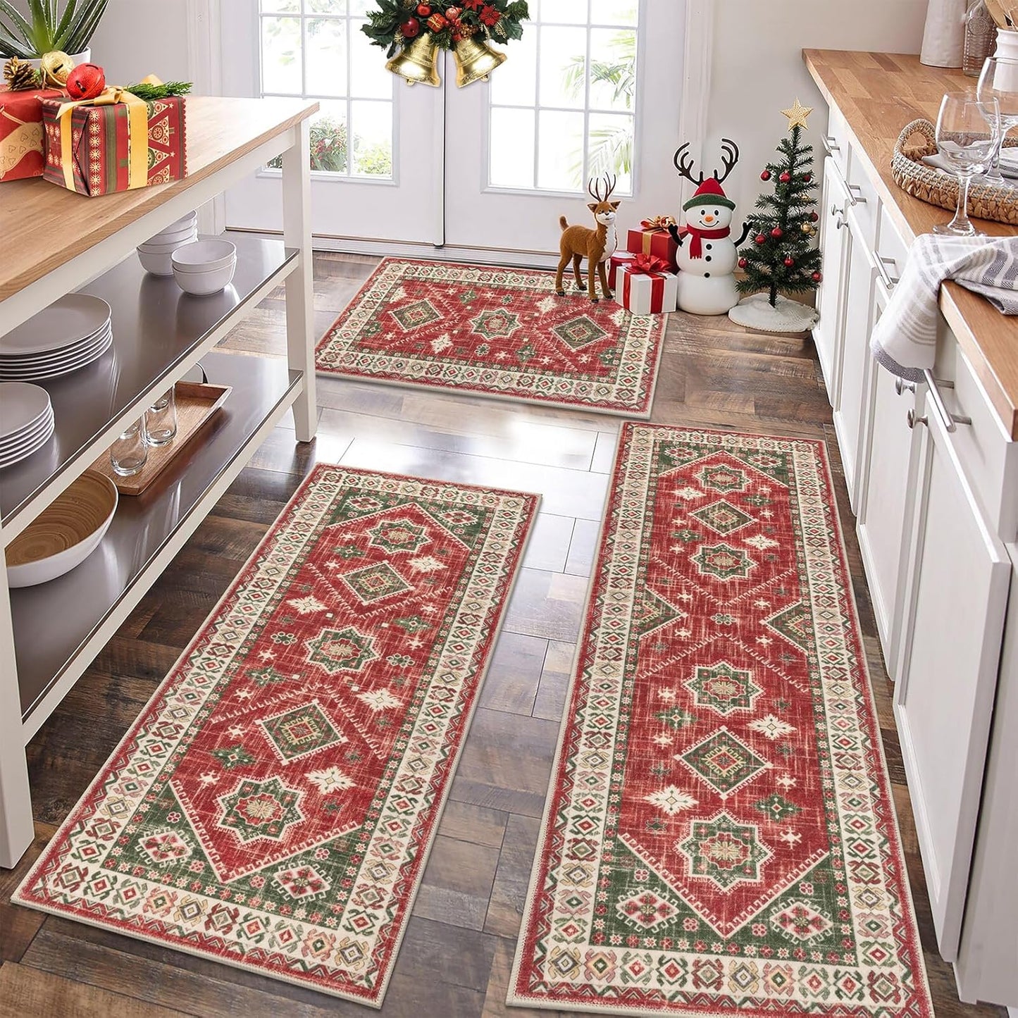 HEBE Boho Kitchen Rug Sets 3 Piece with Runner Non Slip Kitchen Rugs and Mats Washable Kitchen Mats for Floor Thick Kitchen Floor Mat Carpet Runner Rugs for Hallway Laundry Holiday Decor