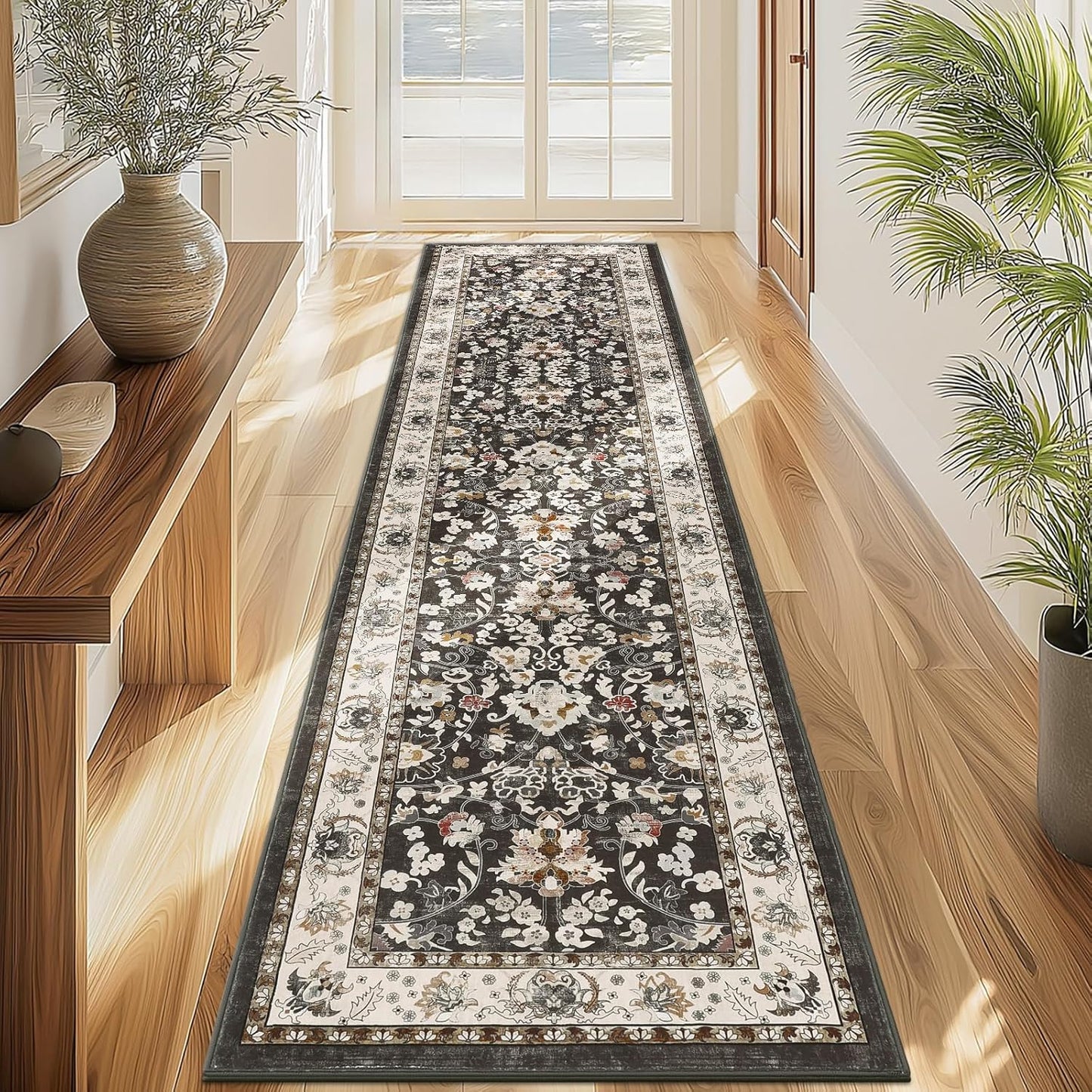 LOKHOM Washable Runner Rug, 2.6x14 Non-Slip Vintage Long Hallway Runner Rugs with Rubber Backing, Boho Soft Distressed Kitchen Rug Floor Carpet Runner for Hallway Laundry Entryway Bedroom(Beige Brown)