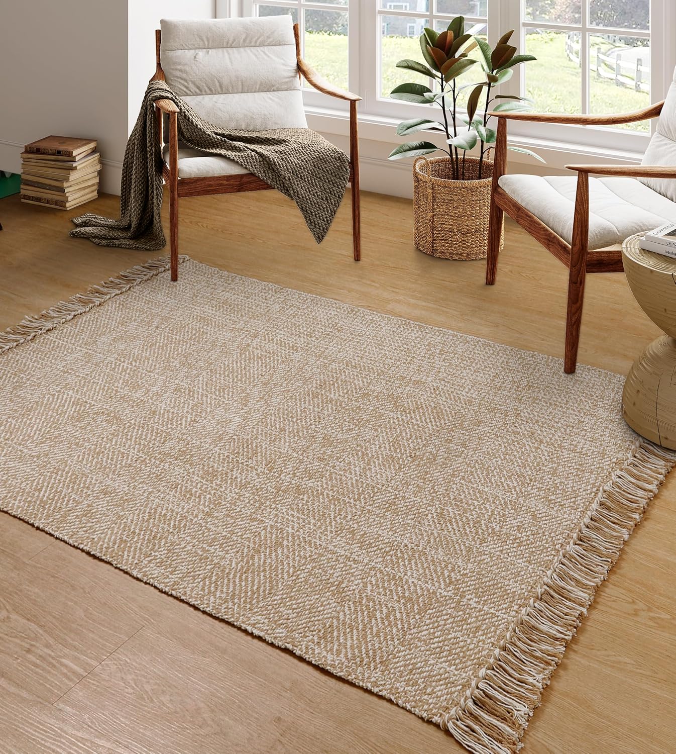 Collive Boho 18 ft Long Runner Rug for Hallway, Washable Kitchen Runner, Cotton Hand-Woven Farmhouse Neutral Carpet Runners, Tan/Cream Low Pile Entryway Floor Runners for Bedroom