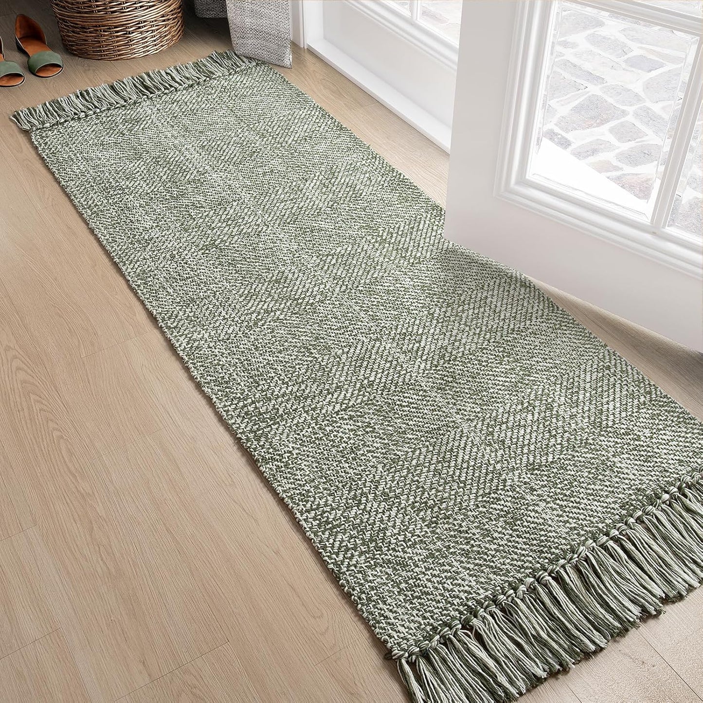 Collive Boho 18 ft Long Runner Rug for Hallway, Washable Kitchen Runner, Cotton Hand-Woven Farmhouse Neutral Carpet Runners, Tan/Cream Low Pile Entryway Floor Runners for Bedroom
