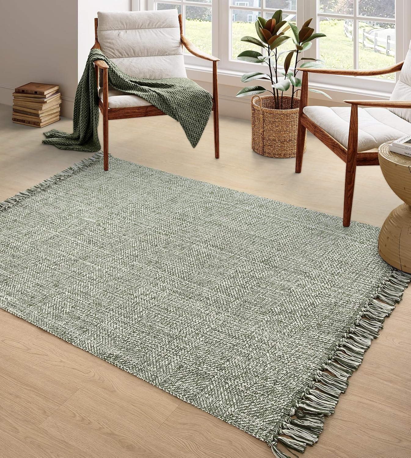 Collive Boho 18 ft Long Runner Rug for Hallway, Washable Kitchen Runner, Cotton Hand-Woven Farmhouse Neutral Carpet Runners, Tan/Cream Low Pile Entryway Floor Runners for Bedroom