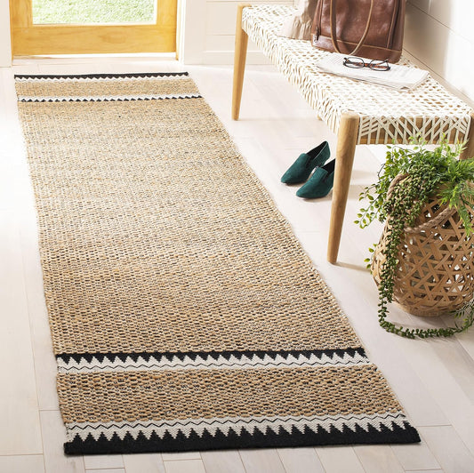 SAFAVIEH Natural Fiber Collection Runner Rug - 2'6" x 8', Natural & Black, Handmade Farmhouse Boho Coastal Rustic Jute, Ideal for High Traffic Areas in Living Room, Bedroom (NF874B)