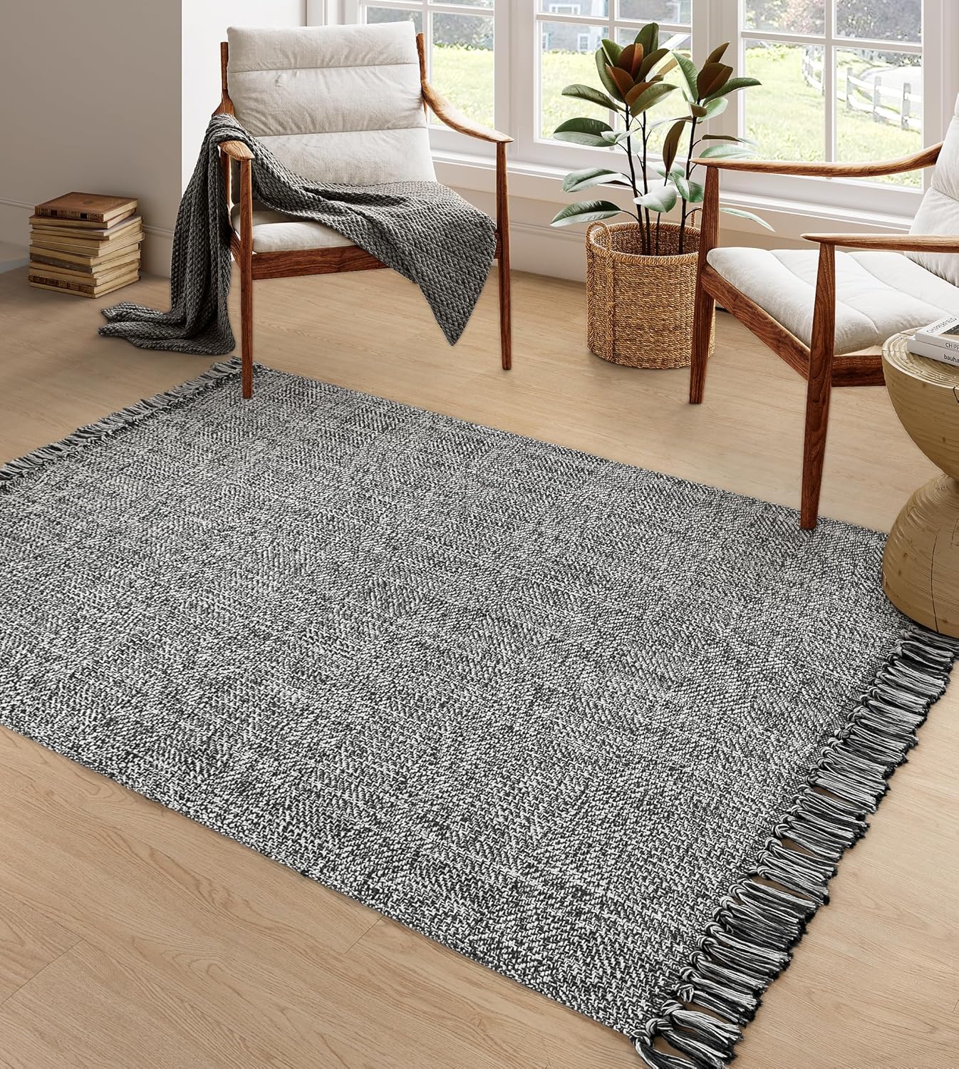 Collive Boho 18 ft Long Runner Rug for Hallway, Washable Kitchen Runner, Cotton Hand-Woven Farmhouse Neutral Carpet Runners, Tan/Cream Low Pile Entryway Floor Runners for Bedroom
